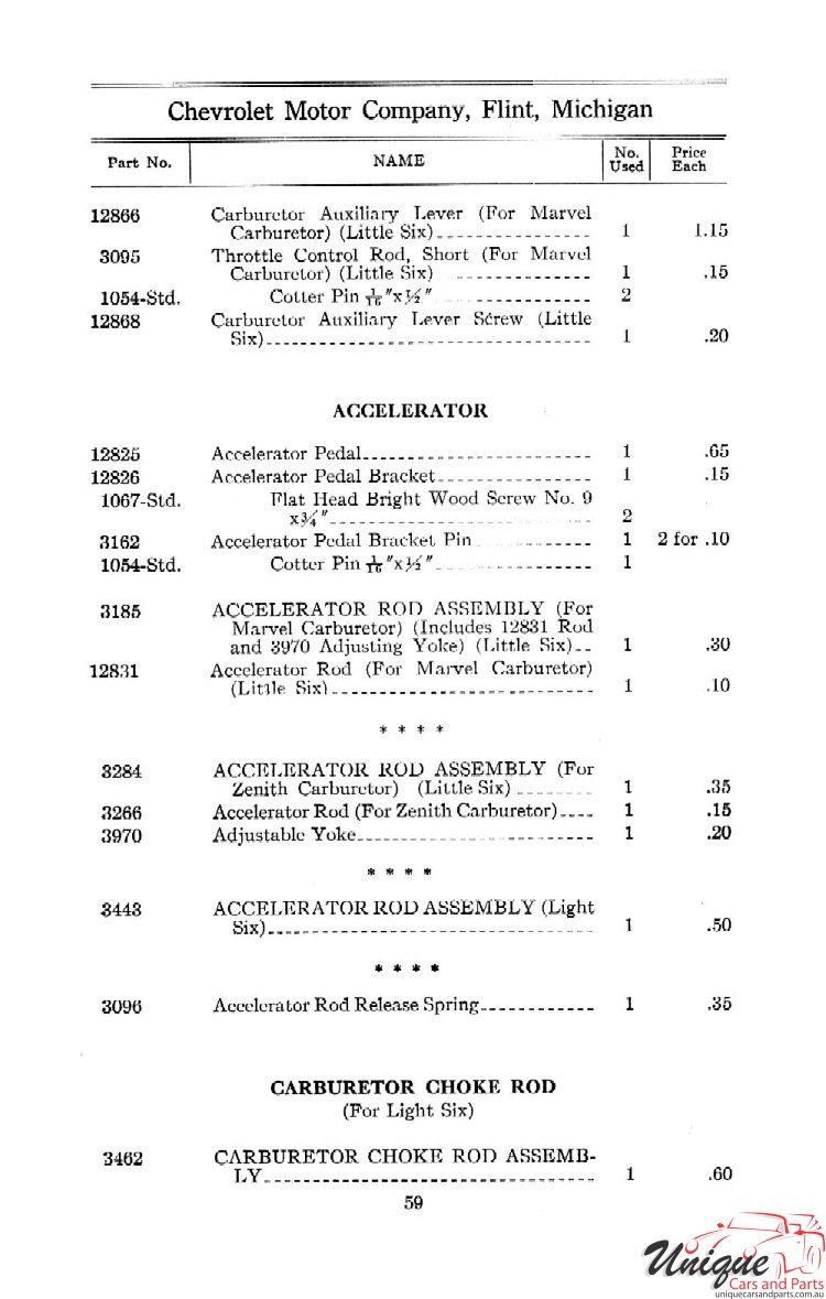1912 Chevrolet Light and Little Six Parts Price List Page 81